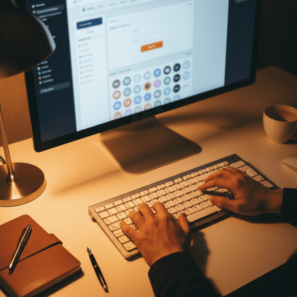 Web designer working on website components at desk